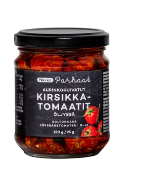 Вяленые помидоры черри в масле Pirkka Parhaat aurinkokuivatut kirsikkatomaatit öljyssä 190г/95г