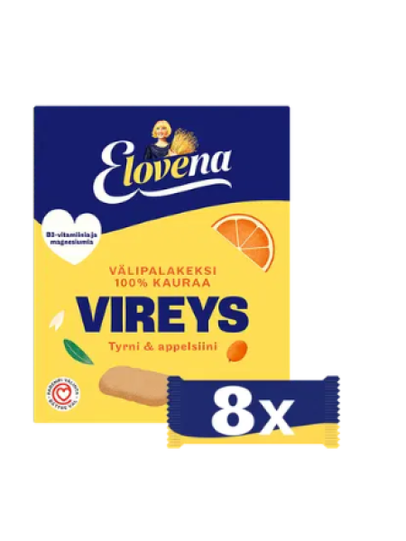 Цельнозерновое печенье с облепихой и апельсином Elovena vireys tyrni & appelsiini 8x30 г