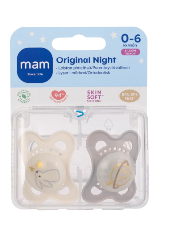Светящаяся в темноте силиконовая соска-пустышка MAM Original Night 2 шт с 0-6 месяцев