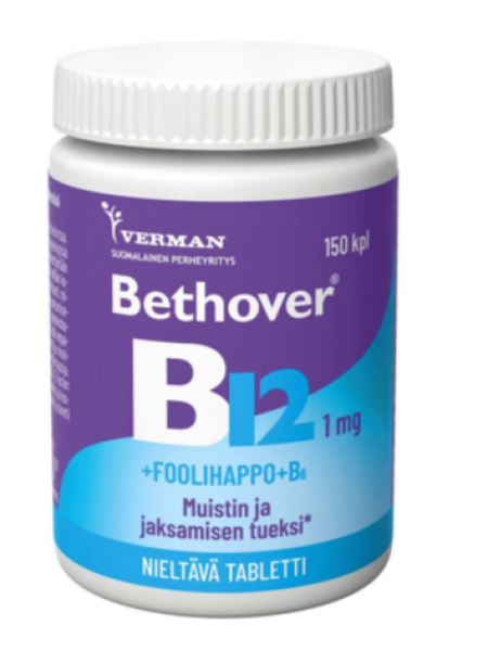 Витамины B12 и B6 и фолиевая кислота BETHOVER B12+FOOLIHAPPO+B6 150 шт для улучшения памяти и снижения усталости 