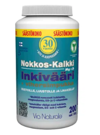 Биологически активная добавка с кальцием, магнием, витаминами D3 и C Via Naturale Nokkos-Kalkki-Inkivääri+Vihersimpukka 200шт