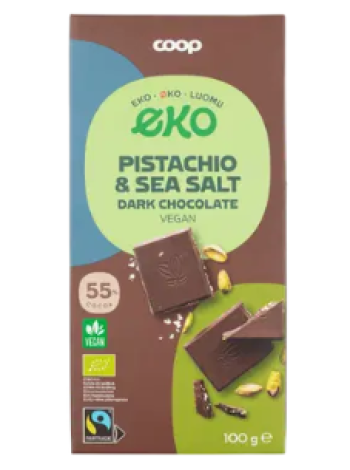 Темный органический шоколад со вкусом фисташек и морской соли Coop Eko 55% 100 г