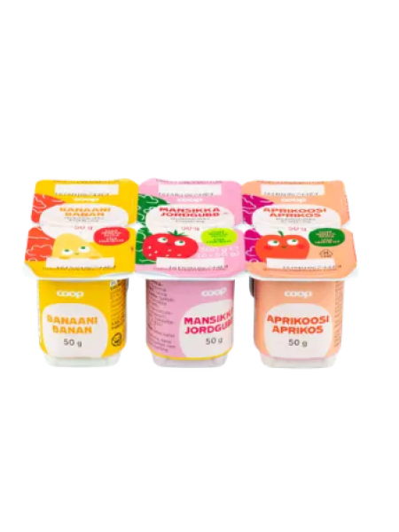 Порционные творожки Coop hedelmärahka 6x50 г со вкусом клубники, банана и абрикоса