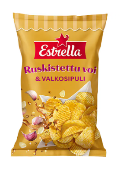 Чипсы Estrella Ruskistettu voi & valkosipuli 275 г с обжаренным маслом и чесноком 