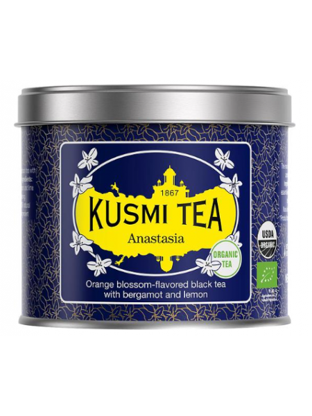 Черный чай со вкусом бергамота, цветов апельсина и лимона Kusmi Luomu Anastasia 100г в ж/б